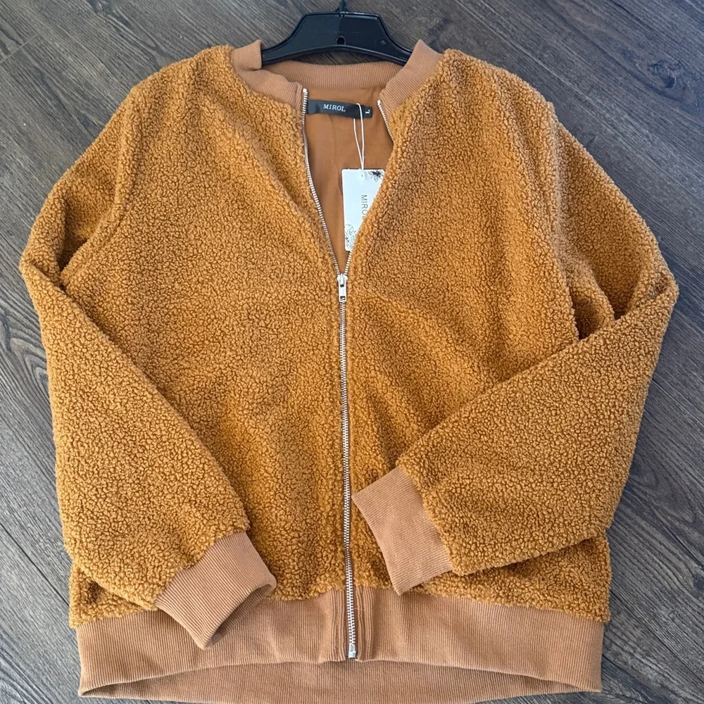 MIROL NWT sherpa teddy bomber style jacket camel color Large - Picture 2 of 6